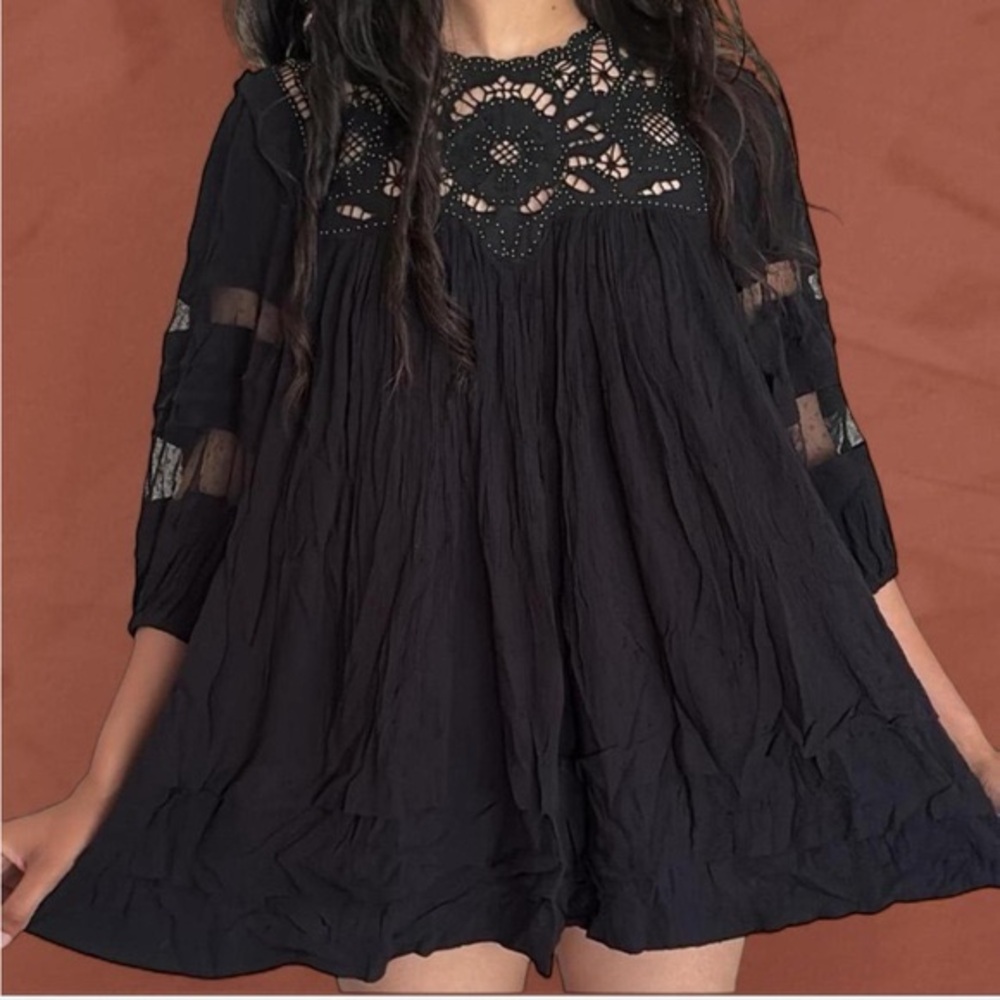 $168 NWT Free People Valentina Embroidered Black Top Tunic Lace Bib Mini Dress